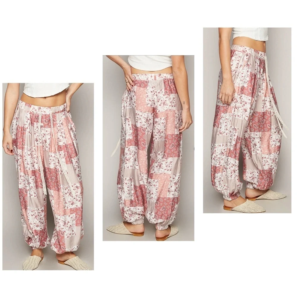 POL Pink Patchwork Joggers in Rose Multi Print 🌸💗 Lightweight, Cozy & Comfy 🌸💗
